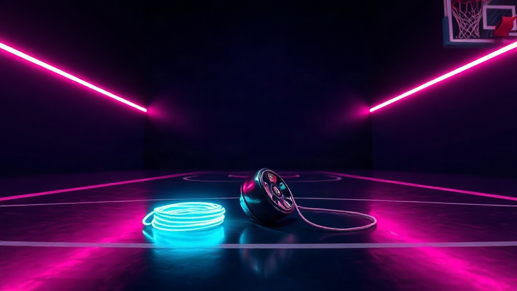 Metallic yo-yo on a neon-lit indoor court