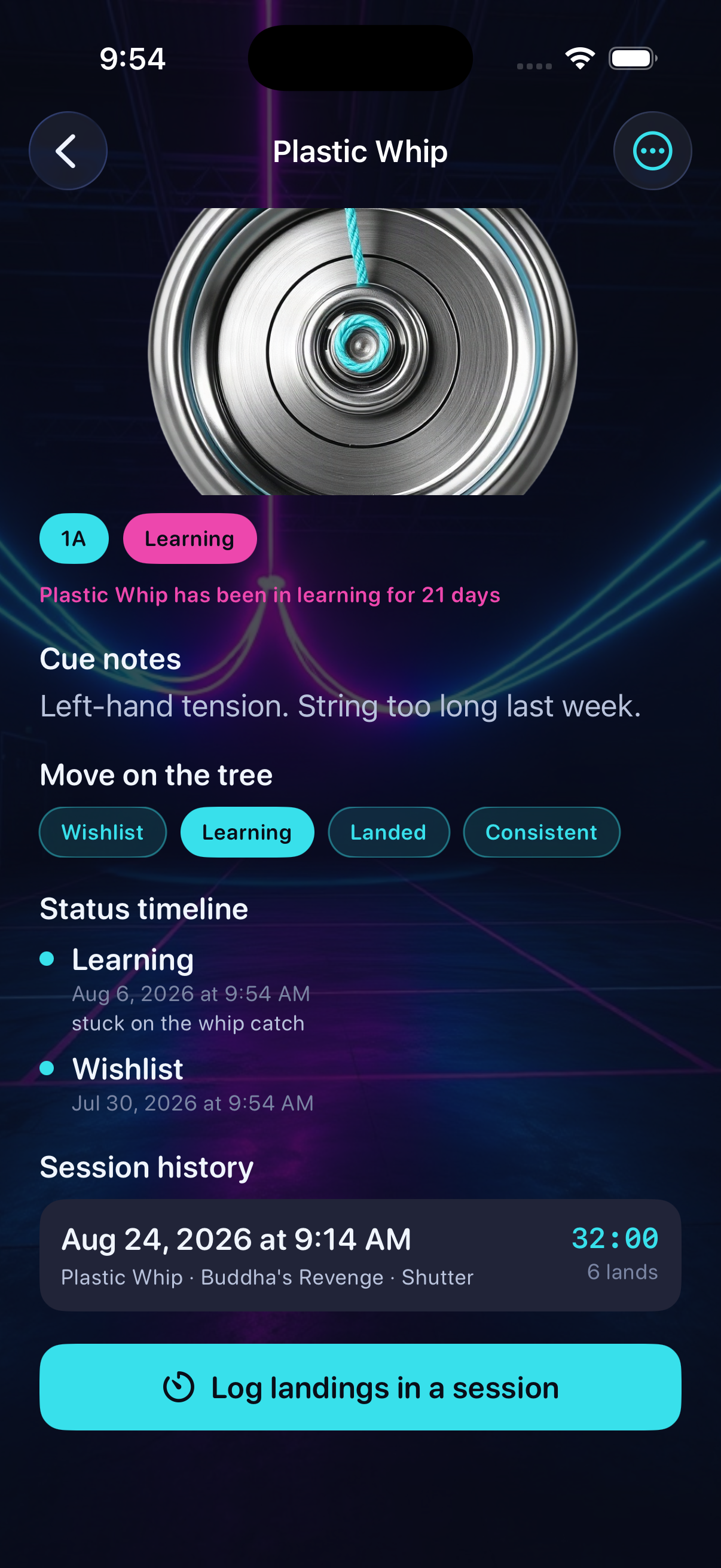 Trick detail for a yo-yo move in learning