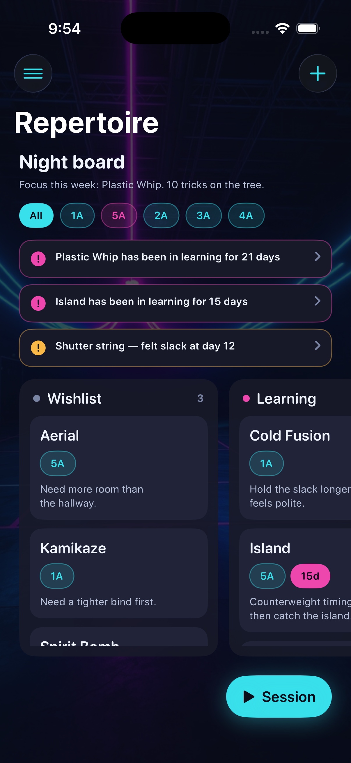 Night board skill tree with session button